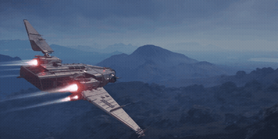 Futuristic Space Ship Flying Over Mountain Range GIF