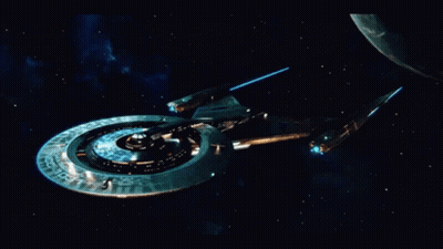 Futuristic Spaceship Flying In Night Sky With Planet GIF