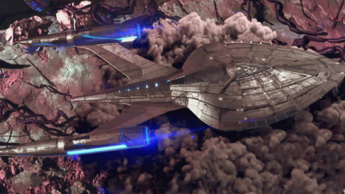 Futuristic Spaceship Flying Through Smoke GIF