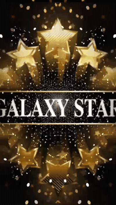 Galaxy Star Is Written On A Black Background With Gold Stars GIF