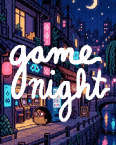 Game Night Poster With Cartoon Character In Front Of Store GIF