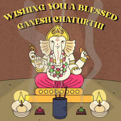 Ganesh Chaturthi Cartoon With Candles And Incense GIF