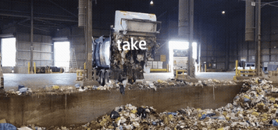 Garbage Truck In Warehouse Saying Take GIF
