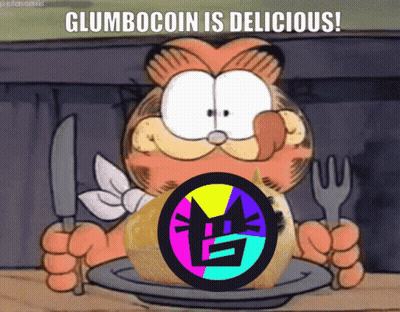 Garfield Holding Knife And Fork Eating Doge Coin Says Glumbocoin Is Delicious GIF