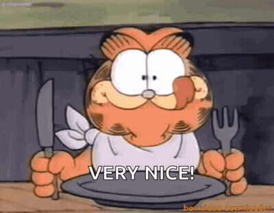 Garfield Holding Knife And Fork Saying Very Nice GIF