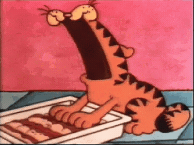 Garfield Is Eating Bacon From A Pan . GIF