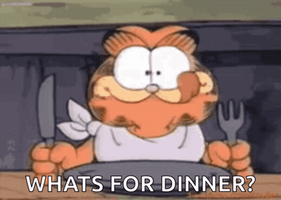 Garfield Is Holding A Knife And Fork And Asking What 'S For Dinner ? GIF