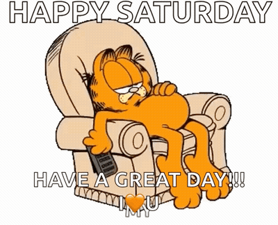 Garfield Is Laying In A Chair Holding A Remote Control And Says Happy Saturday Have A Great Day !!! GIF
