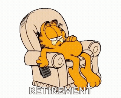 Garfield Is Laying In A Chair Holding A Remote Control And Says `` Retirement '' . GIF
