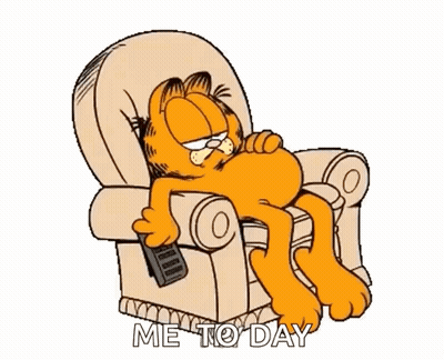 Garfield Is Laying In A Chair Holding A Remote Control With The Words Me To Day Below Him GIF