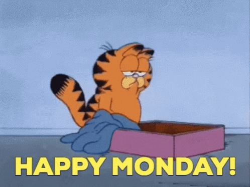 Garfield Is Sitting In A Pink Box With The Words `` Happy Monday ! '' GIF