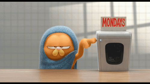 Garfield Is Wrapped In A Towel And Pointing At A Washing Machine That Says Mondays GIF