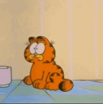Garfield The Cat Is Sitting On A Tiled Floor Next To A Cup Of Coffee . GIF