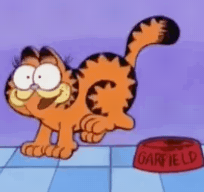 Garfield The Cat Is Standing Next To A Red Bowl Of Garfield . GIF