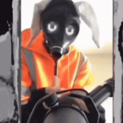 Gas Mask Bunny Ears Holding Vacuum Cleaner GIF
