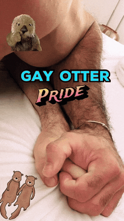 Gay Otter Pride Poster Man Holding Hands With Two Otters GIF