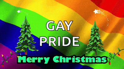 Gay Pride Merry Christmas Greeting Card With Two Christmas Trees GIF