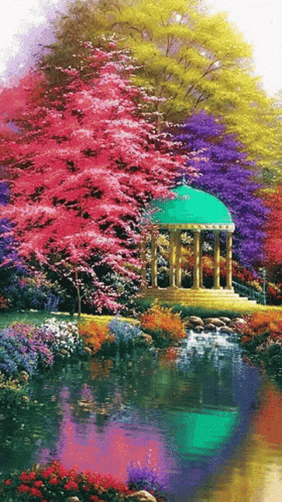 Gazebo Surrounded By Flowers And Trees GIF