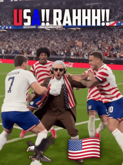 George Washington On Soccer Field Surrounded By Players GIF