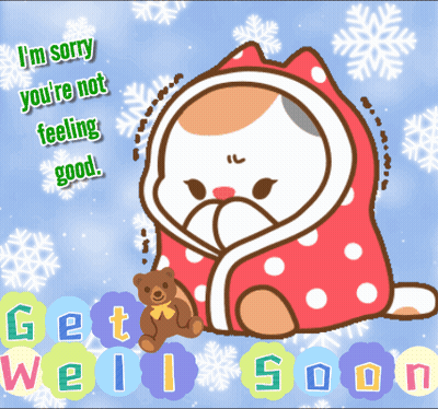 Get Well Soon Card Cat Wrapped In Blanket With Teddy Bear GIF