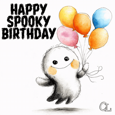 Ghost Holding Balloons Happy Spooky Birthday GIF