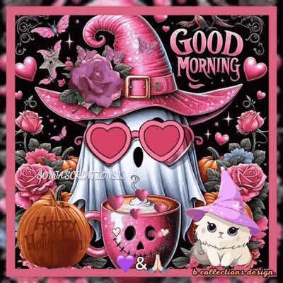 Ghost In Witch Hat And Glasses With Coffee GIF