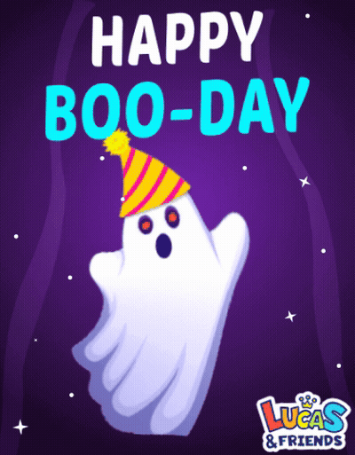 Ghost Wearing Party Hat Saying Happy Boo-Day GIF