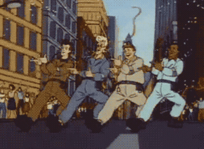 Ghostbusters Walking In Front Of City At Night GIF