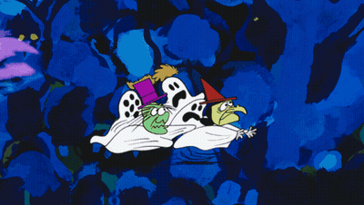 Ghosts And Witch In Pumpkin Patch Blue Background GIF