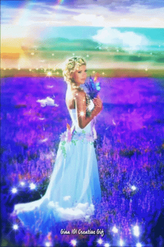 Gina 101 Creative Gif Shows A Woman In A Blue Dress Holding A Bouquet Of Flowers GIF