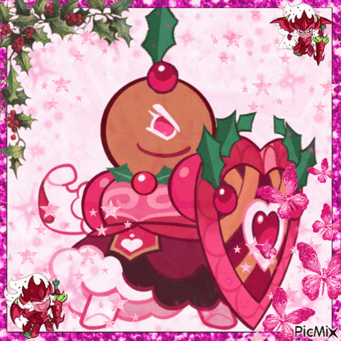 Gingerbread Man With Cherry Holding Heart Shaped Cookie GIF
