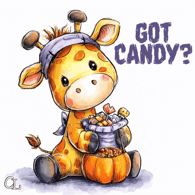 Giraffe Holding Pumpkin Full Of Candy Saying Got Candy GIF