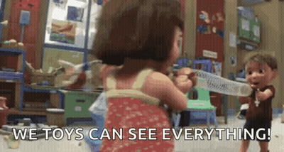 Girl And Boy Playing With Toys Saying We Toys Can See Everything GIF