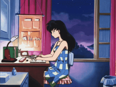 Girl At Desk By Window With Pink Curtain GIF