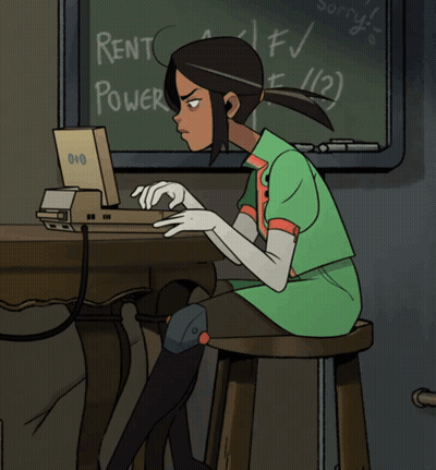 Girl At Desk With Laptop And Blackboard Saying Rent Power GIF