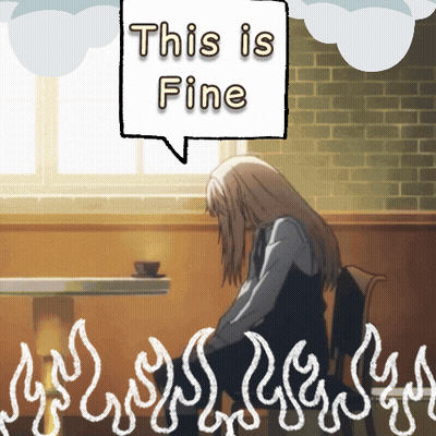 Girl At Table With Speech Bubble Saying This Is Fine GIF