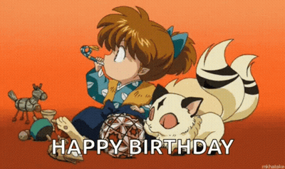 Girl Blowing Bubble Next To Cat Saying Happy Birthday GIF