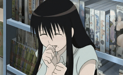 Girl Coughing In Front Of Book Shelf GIF