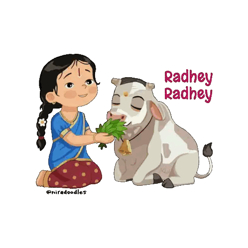 Girl Feeding Cow Saying Radhey Radhey Sticker