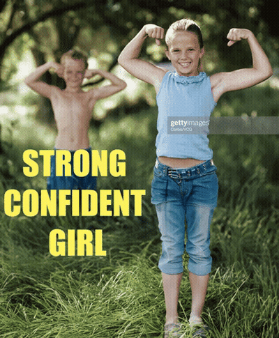 Girl Flexing Muscles In Front Of Shirtless Boy GIF