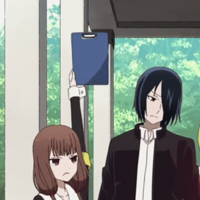 Girl Holding Clipboard Overhead With Man GIF