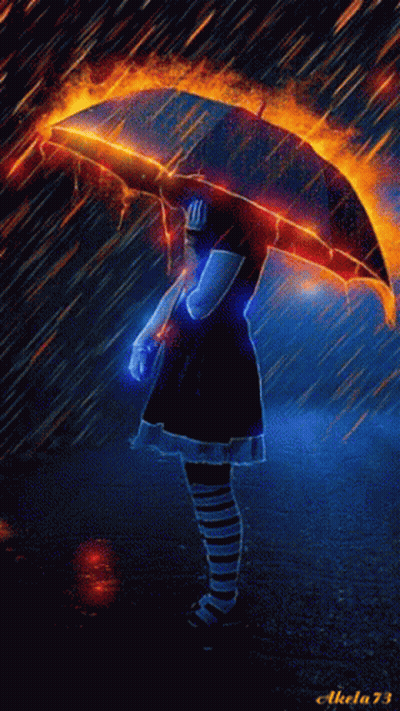 Girl Holding Fire Umbrella In Rain Number 73 GIF