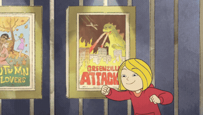 Girl Holding Greenzilla Attack Poster GIF