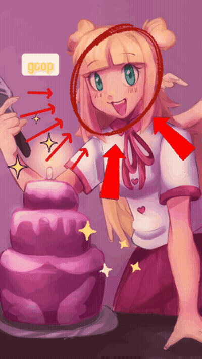 Girl Holding Microphone Next To Cake With Arrows Pointing To Goop GIF