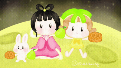 Girl Holding Pear And Rabbit With Moon Pie GIF
