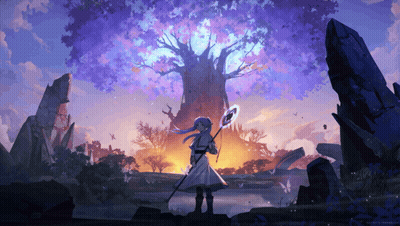 Girl Holding Staff In Front Of Tree GIF