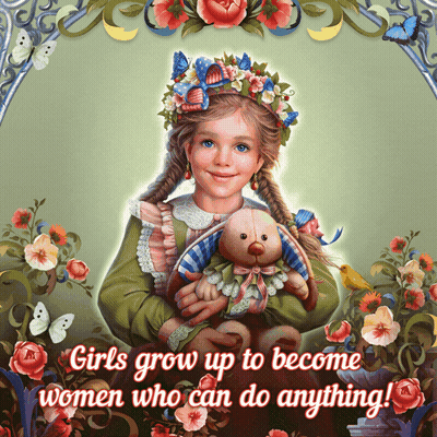 Girl Holding Stuffed Animal Saying Girls Grow Up To Become Women GIF