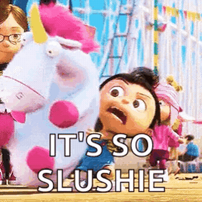 Girl Holding Stuffed Unicorn Says It's So Slushie GIF