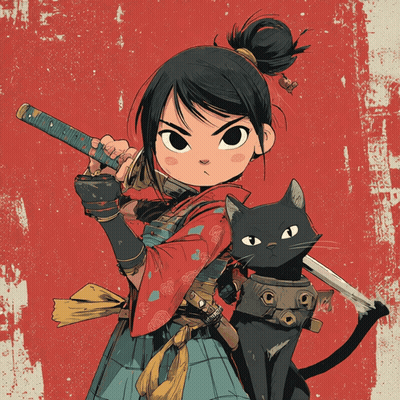 Girl Holding Sword With Black Cat On Shoulder GIF