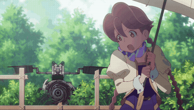 Girl Holding Umbrella In Front Of Robot GIF